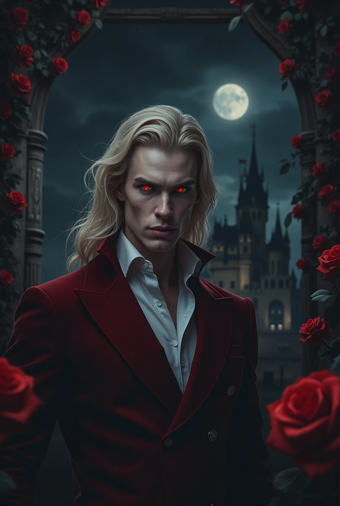 masterpiece, highest quality, (solo focus), (perfect face:1.1), (high detail:1.1), (hyper detailed eyes), dramatic, 1guy, (Pale skin), long blonde hair, (red irises), individual focus, Vampire, long hair, moon, night, Red luxury suit, pouty lips, castle, detailed background, art by artgerm, cinematic lighting, red roses, fashion