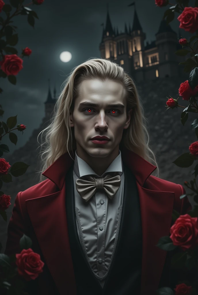 masterpiece, highest quality, (solo focus), (perfect face:1.1), (high detail:1.1), (hyper detailed eyes), dramatic, 1guy, (Pale skin), long blonde hair, (red irises), individual focus, Vampire, long hair, moon, night, Red luxury suit, pouty lips, castle, detailed background, art by artgerm, cinematic lighting, red roses, fashion