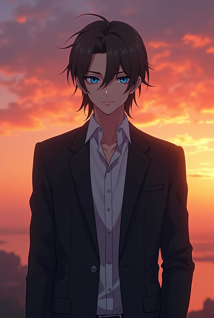 anime character, masculine, 1.87 height, dull crystal blue eye color, cold expression, wearing a suit and looking forward, very realistic, Medium long, slicked back dark honey colored hair, background behind him a beautiful sunset, Her features should be a little feminine, that can be seen from the waist up and that is physically strong