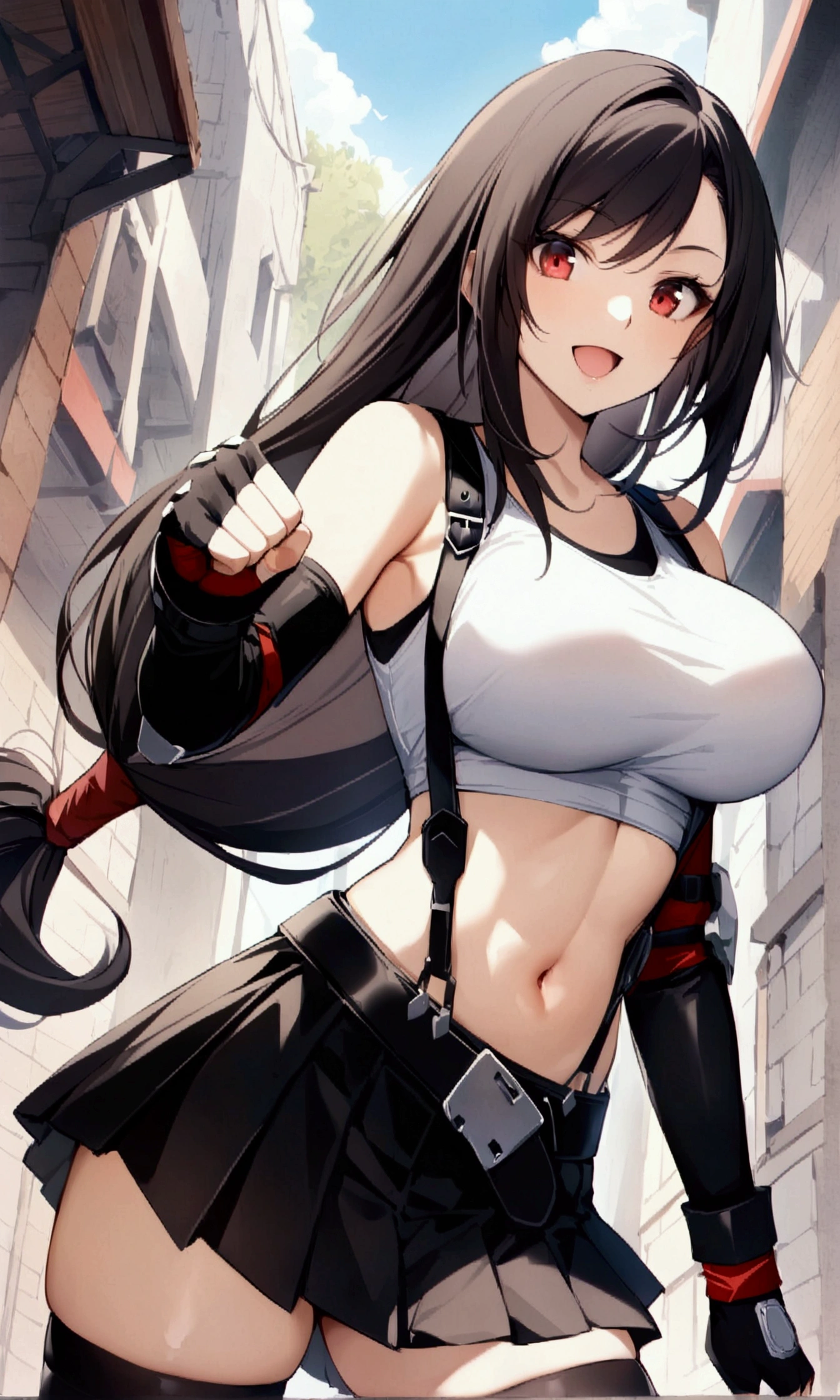 (score_9, score_8_up, score_7_up), BREAK  (masterpeace),(best quality),(aesthetic,very aesthetic),(highly detailed),1girl, tifa lockhart, final fantasy,(beautiful). black hair, low-tied long hair, red eyes, bangs, white tank top, belt, pleated skirt, thighhighs, elbow fingerless gloves, elbow pads, midriff, navel,suspender skirt.zettai ryouiki,large_breasts,gap,Solo,cowboy shot, vibrant, joyful,outdoor,(stance),,navel focus