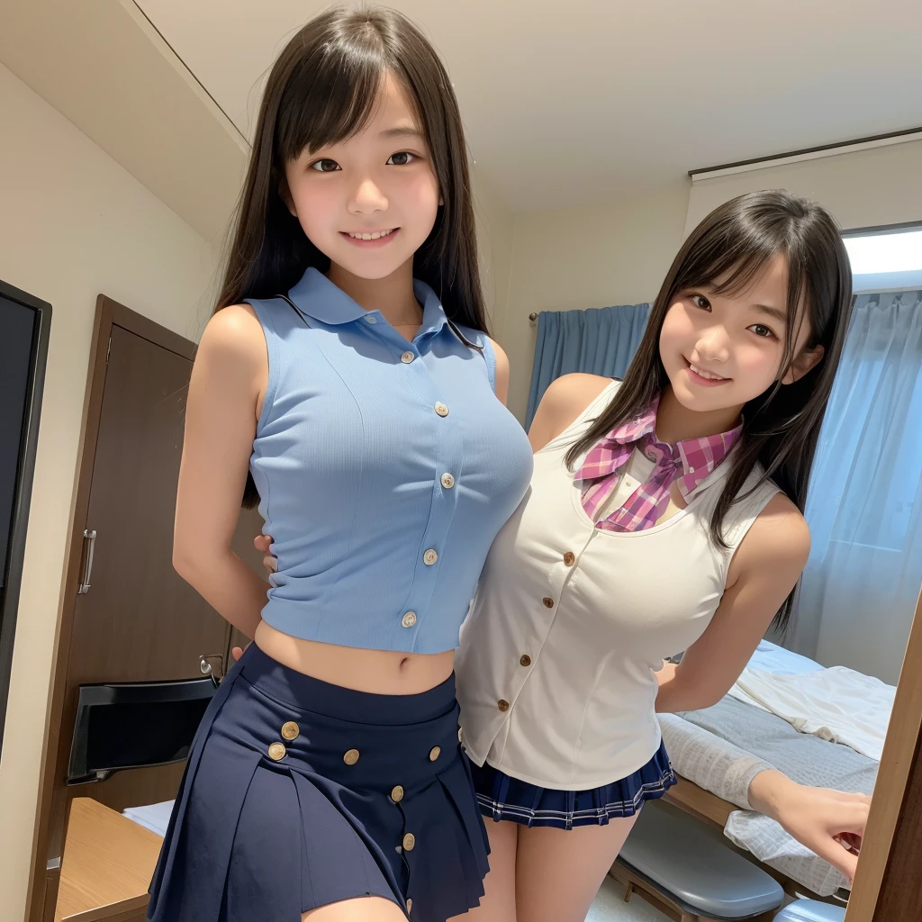 Japanese women, (smile:1.05),Browsing Caution、8K,Highest quality, masterpiece, Very detailed, 超High resolution, Realistic, RAW Photos, , Absolute Resolution, Complete limbs、Complete Anatomy、Perfect beautiful skin、cute女の子1人,cute女の子 、(smile:1.2)、Lolita Girl、(school uniform:1.3)、(sleeveless white shirt:1.1)、((((If you raise your right hand above your head, you can see your armpit.))))、((((左手でPleated skirtを掴んで捲るとWhite pantiesが確認できる))))、Accentuate your thighs、cute女の子、 Japanese Girls、(bedroom:1.2)、Mix 4, (16K, Raw photo, Full body portrait、Best image quality, masterpiece: 1.45), (Realisticな, Photorealistic: 1.37 Two Girls, cute, Professional Lighting, Photon Mapping, bedroom, Physically Based Rendering, Dark brown long bob hair,Beautiful, well-groomed eyes、double eyelid、With a girl, (((A sleeveless white shirt worn by a Japanese high school girl、Pleated skirt、Dark blue short socks、loafers))), Highest qualityの写真, High resolution, 1080P, (Clear Face), (Detailed face description), (Detailed hand description), (masterpiece), masterpiece、Rich details、(Beautiful Faces)、(Highest qualityの写真)、(Detailed eyes)、 in front of you、Thin clavicle、((Slim and large))、(((Japan wears sleeveless shirts)))、((Pure Idol))、((明るいbedroom))、(Shot from random perspectives)、(((White panties))),smile、Drawing the whole body from the knees、No nasolabial folds、(((Large firm breasts:1.2)))、Firm big ass、Two arms and two legs、(((from the front:0.4)))、bare hands、Symmetrical eyes
