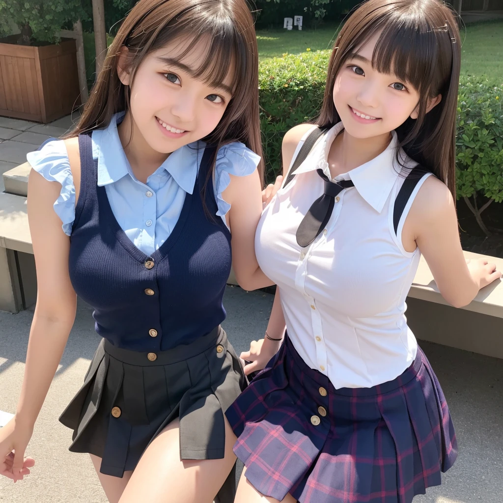 (high quality)、(high resolution)、Two elementary school students、Looking at me with a smile、whole body、Big Breasts、Sleeveless shirt with buttons and collar、Tight mini skirt、Mouth open and out of breath、Cowboy Shot