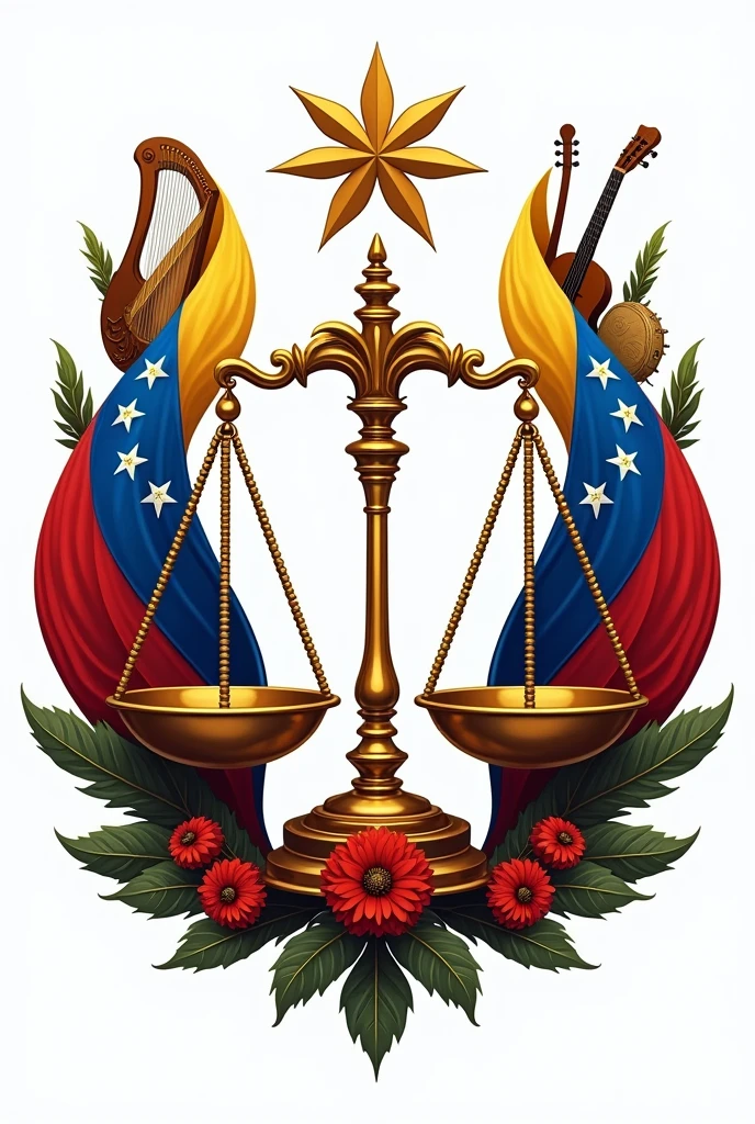 A logo of the Folklorist Lawyers of Venezuela with the flag of Venezuela on both sides, with the harp, Four and maracas from Venezuela and the scale of lawyers