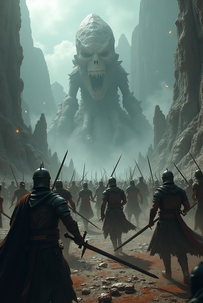 Humans attack monsters using swords