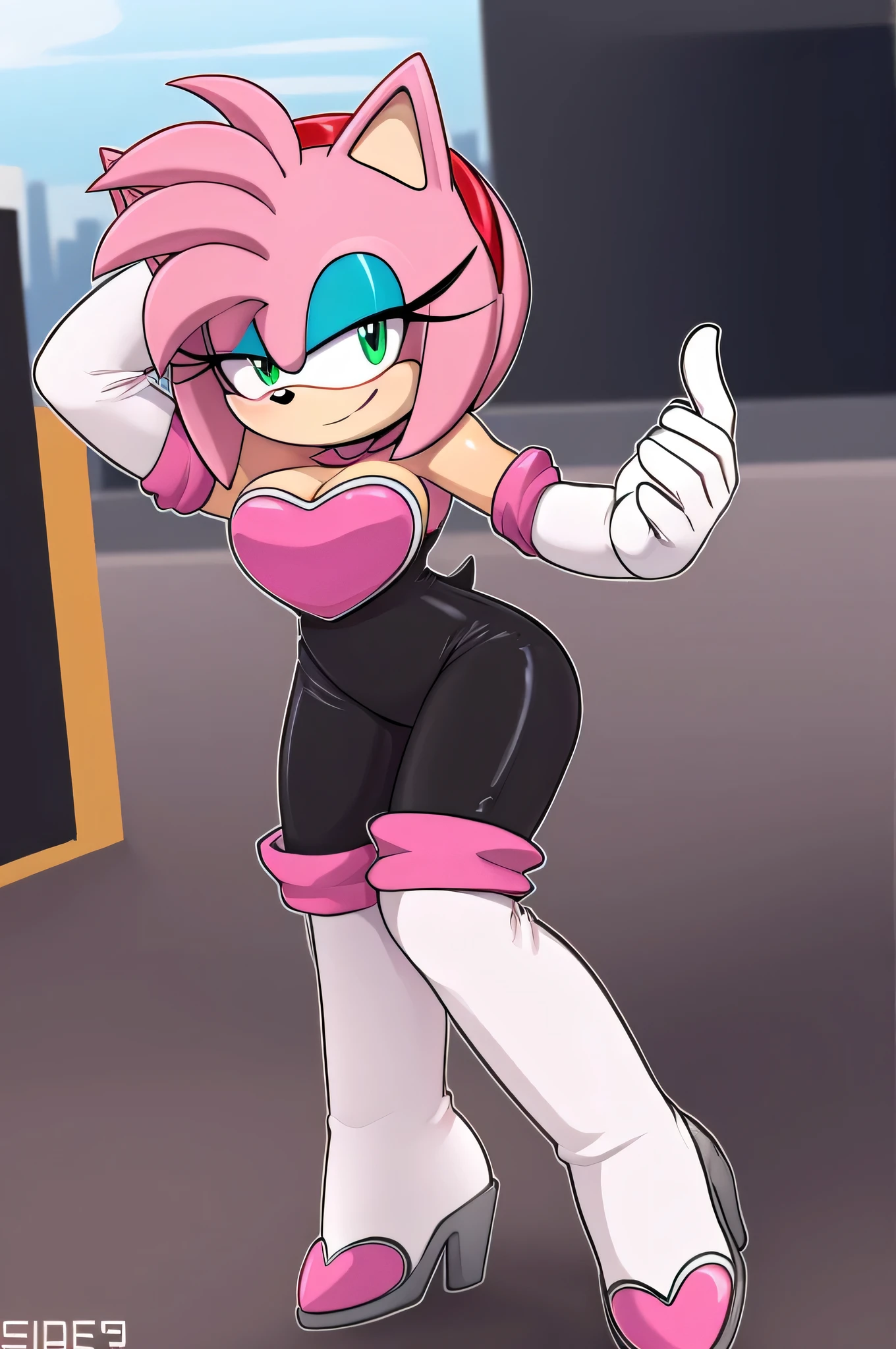 score_9, score_8_up, 2D, flat color, looking at viewer, (1girl), (solo), very detailed, extremely detailed, Amy Rose from the sonic the hedgehog series, portrait, smile, looking at viewers, hair down, hair bangs, large bust, , Rouge cosplay, cosplay, Rouge outfit, she wears a black skin-tight and strapless low-cut jumpsuit, a pink heart-shaped chest plate outlined with thin white trim, elbow-length white gloves with pink cuffs, standing at the city leaning right armpit by taking a picture