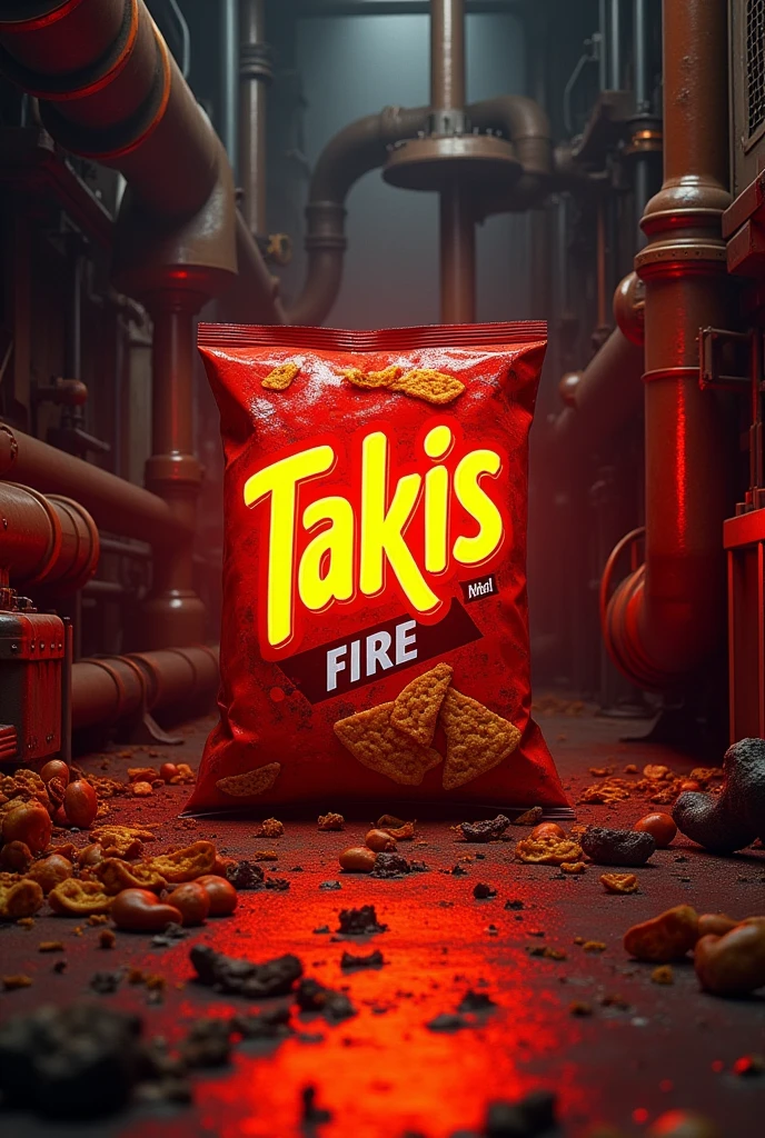 Create me a poster that says Takis fire and the stage is a factory, The sign that has the phosphorescent letters Very good, add the word fire too