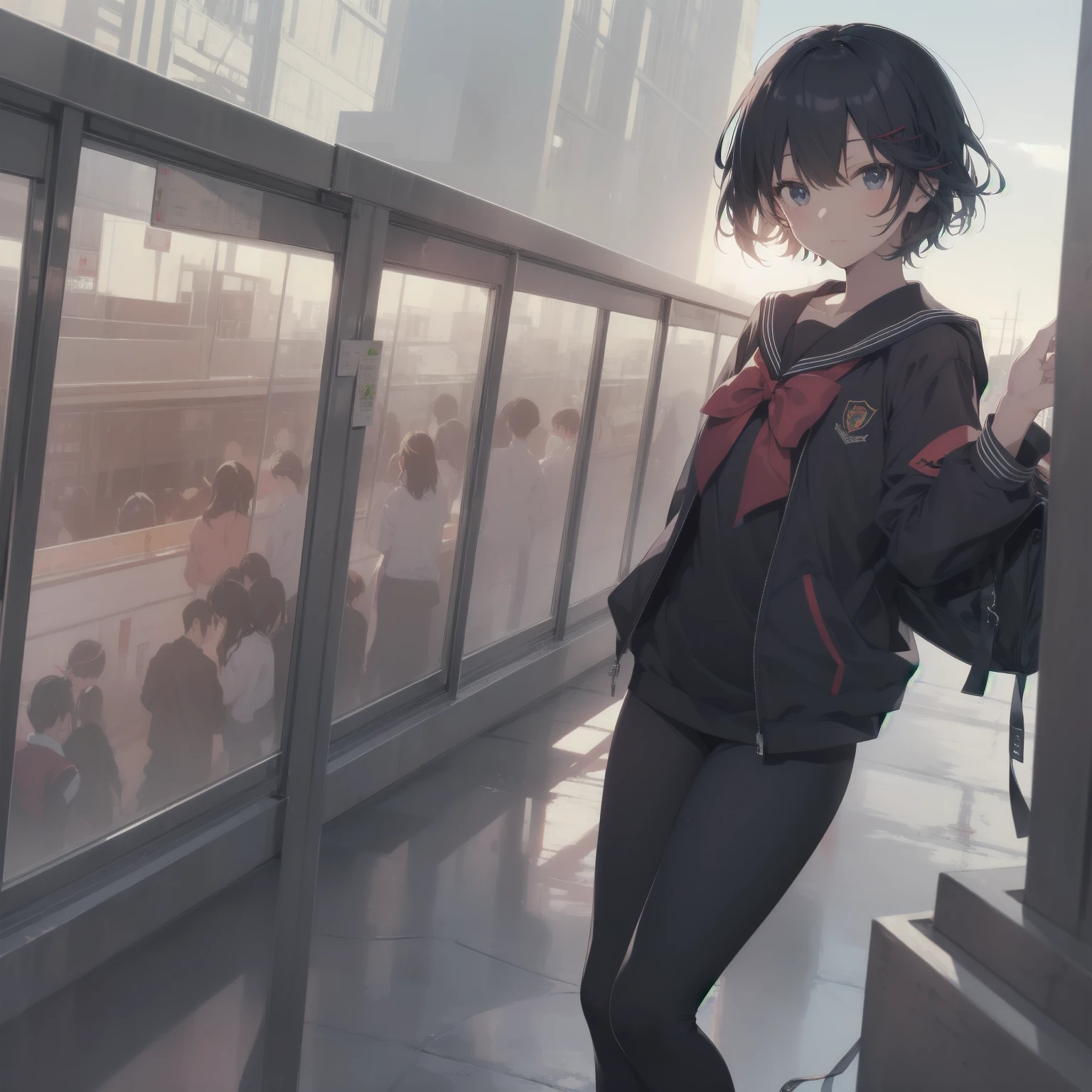 ultra-absurdres-Top quality by artist God, ultra-detailed, high resolution, anime moe artstyle, best anime 8k konachan wallpaper, pixiv contest winner, pool:2810, perfect anatomy,break, 1girl, (Please draw a girl walking sleepily to school alone. )break,(Solo,little female,15yo:1.3),Full limbs, ,a junior high school student, (very short hair), short cut, flat chest, , small butt, small black eyes, beautiful detailed eyes, well-proportioned iris and pupils, expressive eyes, highres detailed hair, soft expression, salor school_uniform, sailor collar, serahuku, bow, pleated skirt,(Detailed Lighting), (Detailed background), in the School commute route. break,super detailed skin, Best cinematic lighting powered by famous artist, 8k,beauty illustration,photoshop_(medium),very aesthetic,break,((artist:takeuchi_takashi )), artist:clamp ,artist:carnelian ,artist:kantoku ,