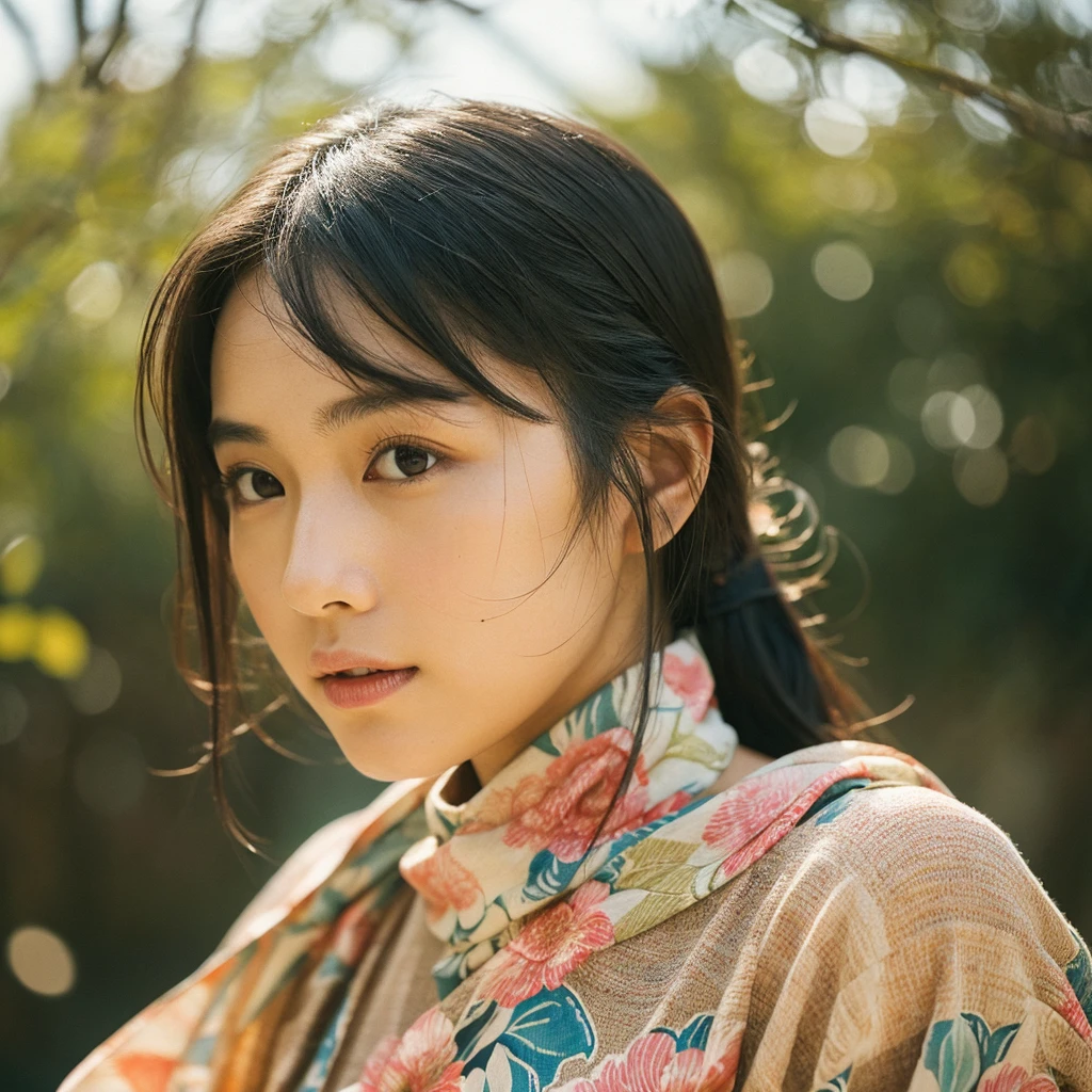 A hyper-realistic image of a single Japanese woman in her early 20s, captured from the shoulders up with the nostalgic warmth and subtle graininess of a film camera. She is wearing a traditional yukata with a vibrant, cute design featuring bold and colorful floral patterns such as cherry blossoms and peonies in shades of pink, red, and lavender, set against a soft pastel background. The obi is elegantly tied with a complementary color, adding a playful touch. The fabric of the yukata appears naturally lightweight with visible folds and textures that enhance its realism, gracefully draped over her shoulders. Her skin has a warm beige tone with a distinctly natural, rough texture, showcasing visible pores, fine lines, and small blemishes. The texture includes slight unevenness, embracing imperfections to emphasize a lifelike and realistic appearance, deliberately avoiding an overly smooth look. The lighting is soft and muted, resembling the gentle, diffused natural light of an overcast day or early evening, casting subtle shadows that add depth and highlight the realistic texture of her skin. Her straight, glossy black hair frames her face naturally, slightly tousled, enhancing her authentic look. Her deep brown eyes subtly reflect the ambient light, adding depth and a sense of realism. The film camera effect introduces a noticeable grain and a soft focus, providing a warm, nostalgic atmosphere while maintaining the rough, lifelike quality of her skin. The composition is centered solely on her, capturing her serene and understated elegance, with an emphasis on the detailed textures of the yukata and the authentic, coarse texture of her skin.