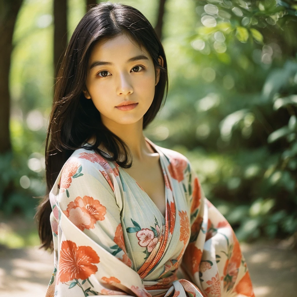 A hyper-realistic image of a single Japanese woman in her early 20s, captured from the shoulders up with the nostalgic warmth and subtle graininess of a film camera. She is wearing a traditional yukata with a vibrant, cute design featuring bold and colorful floral patterns such as cherry blossoms and peonies in shades of pink, red, and lavender, set against a soft pastel background. The obi is elegantly tied with a complementary color, adding a playful touch. The fabric of the yukata appears naturally lightweight with visible folds and textures that enhance its realism, gracefully draped over her shoulders. Her skin has a warm beige tone with a distinctly natural, rough texture, showcasing visible pores, fine lines, and small blemishes. The texture includes slight unevenness, embracing imperfections to emphasize a lifelike and realistic appearance, deliberately avoiding an overly smooth look. The lighting is soft and muted, resembling the gentle, diffused natural light of an overcast day or early evening, casting subtle shadows that add depth and highlight the realistic texture of her skin. Her straight, glossy black hair frames her face naturally, slightly tousled, enhancing her authentic look. Her deep brown eyes subtly reflect the ambient light, adding depth and a sense of realism. The film camera effect introduces a noticeable grain and a soft focus, providing a warm, nostalgic atmosphere while maintaining the rough, lifelike quality of her skin. The composition is centered solely on her, capturing her serene and understated elegance, with an emphasis on the detailed textures of the yukata and the authentic, coarse texture of her skin.