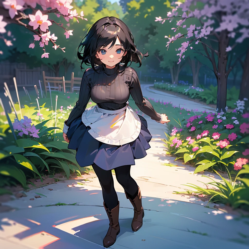 (high quality, High resolution, Very detailed, reality:1.37), Peaceful atmosphere, (Outdoor, garden), Teenage girl standing alone, (my breasts are big.), Beautiful details, Cute Smile, (Black bob hair), Ribbed sweater, Blue Skirt, Black tights, Brown boots.