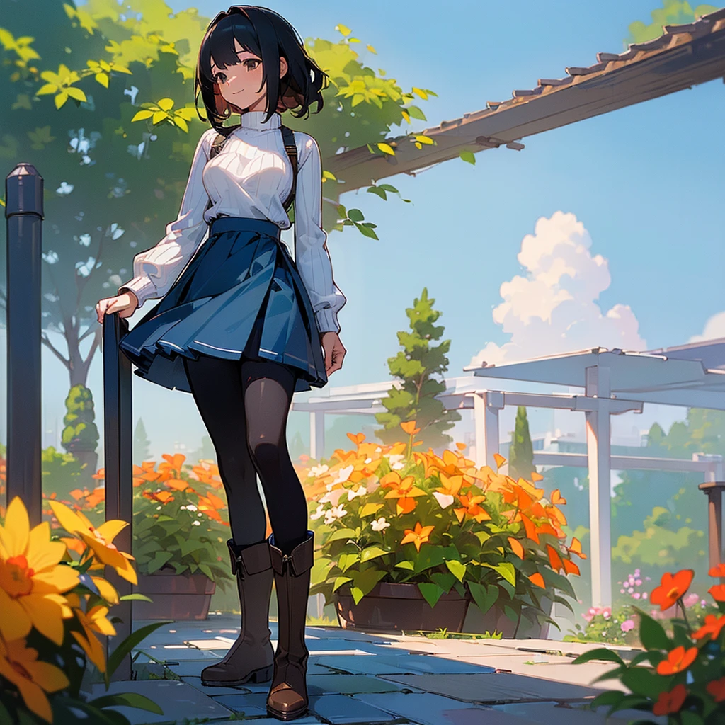 (high quality, High resolution, Very detailed, reality:1.37), Peaceful atmosphere, (Outdoor, garden), age girl standing alone, (my breasts are big.), Beautiful details, Cute Smile, (Black bob hair), Ribbed sweater, Blue Skirt, Black tights, Brown boots.