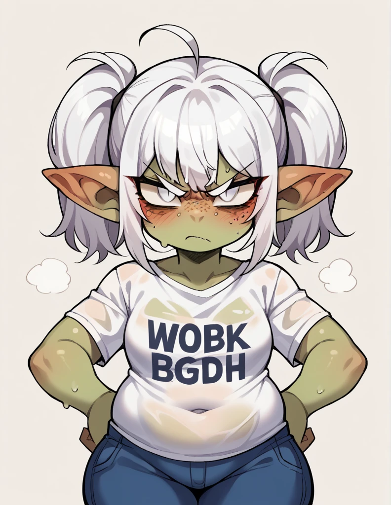 A goblin ?????? a girl ,stortstack,{{Wearing a white wet translucent T-shirt}}（white  Hair,Double ponytails）,bangs（Heavy sweating）Angry（anger），Hands on hips，blush，Freckles on the face，chubby,white eyes，individual, simple background, 
