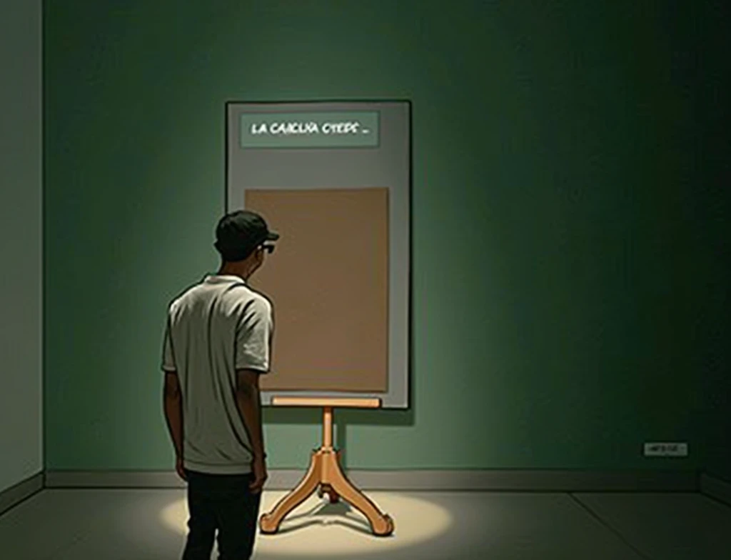 Create a meme-type image where a character appears with his back turned slightly (with rapper style) looking at a painting of art (The square has the literal measurements of a square) and the rapper will say Spanish nice thing , beautiful thing, thing well done, in Spanish