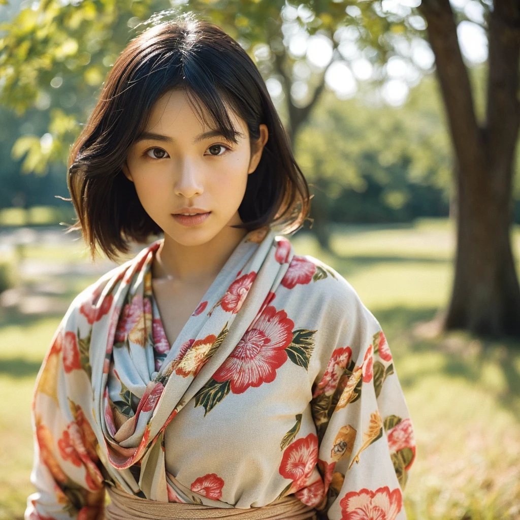 A hyper-realistic image of a single Japanese woman in her early 20s, captured from the shoulders up with the nostalgic warmth and subtle graininess of a film camera. She is wearing a traditional yukata with a vibrant, cute design featuring bold and colorful floral patterns such as cherry blossoms and peonies in shades of pink, red, and lavender, set against a soft pastel background. The obi is elegantly tied with a complementary color, adding a playful touch. The fabric of the yukata appears naturally lightweight with visible folds and textures that enhance its realism, gracefully draped over her shoulders. Her skin has a warm beige tone with a distinctly natural, rough texture, showcasing visible pores, fine lines, and small blemishes. The texture includes slight unevenness, embracing imperfections to emphasize a lifelike and realistic appearance, deliberately avoiding an overly smooth look. The lighting is soft and muted, resembling the gentle, diffused natural light of an overcast day or early evening, casting subtle shadows that add depth and highlight the realistic texture of her skin. Her straight, glossy black hair frames her face naturally, slightly tousled, enhancing her authentic look. Her deep brown eyes subtly reflect the ambient light, adding depth and a sense of realism. The film camera effect introduces a noticeable grain and a soft focus, providing a warm, nostalgic atmosphere while maintaining the rough, lifelike quality of her skin. The composition is centered solely on her, capturing her serene and understated elegance, with an emphasis on the detailed textures of the yukata and the authentic, coarse texture of her skin.
