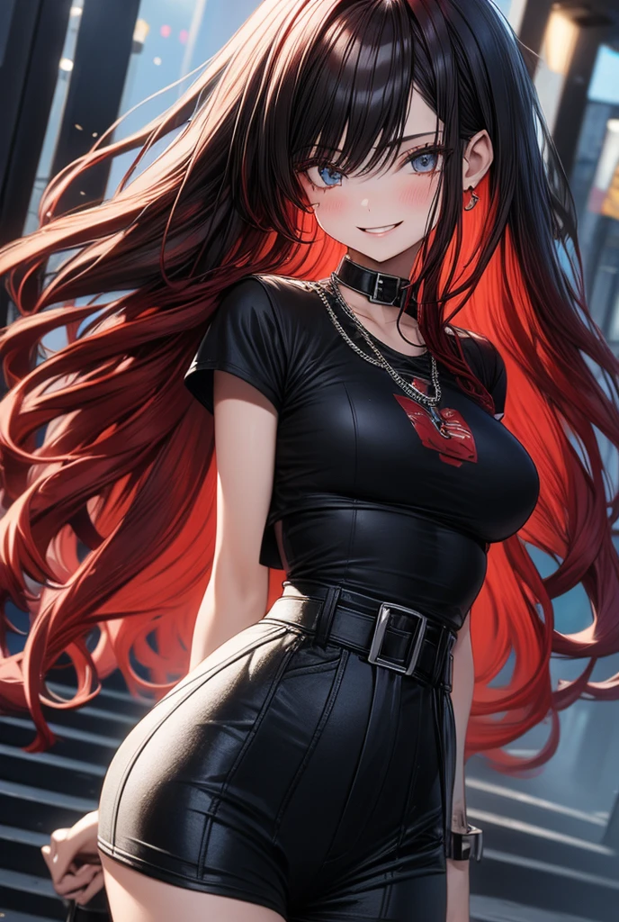 1 girl with waist-length red hair with waves, blue eyes, medium breasts, slim waist casual wear