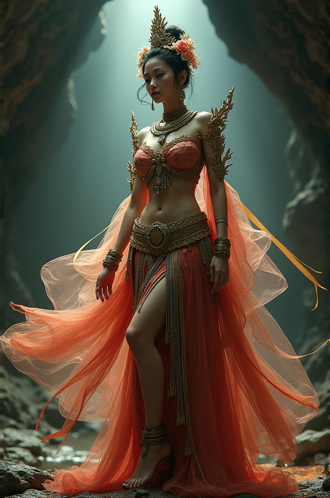Chinese girl with coins gold , thick body, curvy body, curvy waist, big breast, white skin, gorgeous costumes embroidered with intricate embroidery, exposed breasts, flowing tulle, transparent long colorful ribbons tied on the arms, inspired by chinese movie, showing navel, bare shoulders, bare neck, hair in a high bun with flower hairpins, ribbons on arm rings, wreaths, bracelets, anklets, high heels, metal chain tassels on the waist, Mogao Grottoes art, ink painting, cgstation pop, in the night castle, ((fullbody)), ((super realistic))