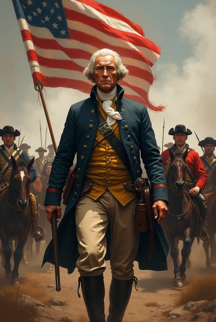 George Washington Leading Soldiers: A dramatic painting-style image of George Washington leading colonial soldiers during the American Revolutionary War, with the American flag waving in the background.