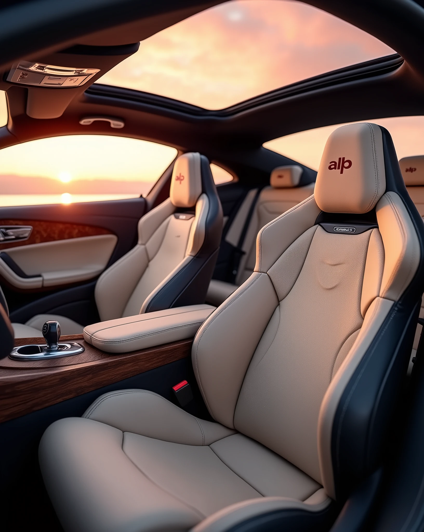 Camera view at 3/4 angle (45 degrees). The highlights are the fully customized interior design, the highly sophisticated and modern sports seats in beige synthetic leather with the initials “ALP” written in crimson red on the headrest, the doors and side panels finished in carbon fiber and walnut, creating a mix of modernity and tradition and the closed panoramic sunroof that reflects natural light. | Natural light with a magnificent pink-orange outdoor sunset, ((masterpiece, UHD, RAW, best quality, high details, 8k:1.2)).   Infinity"  