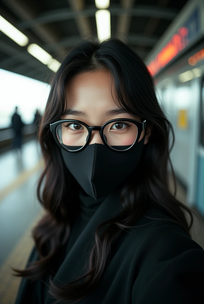 Korean girl with mask and glasses looking like an idol taking a selfie at the train station (first person)