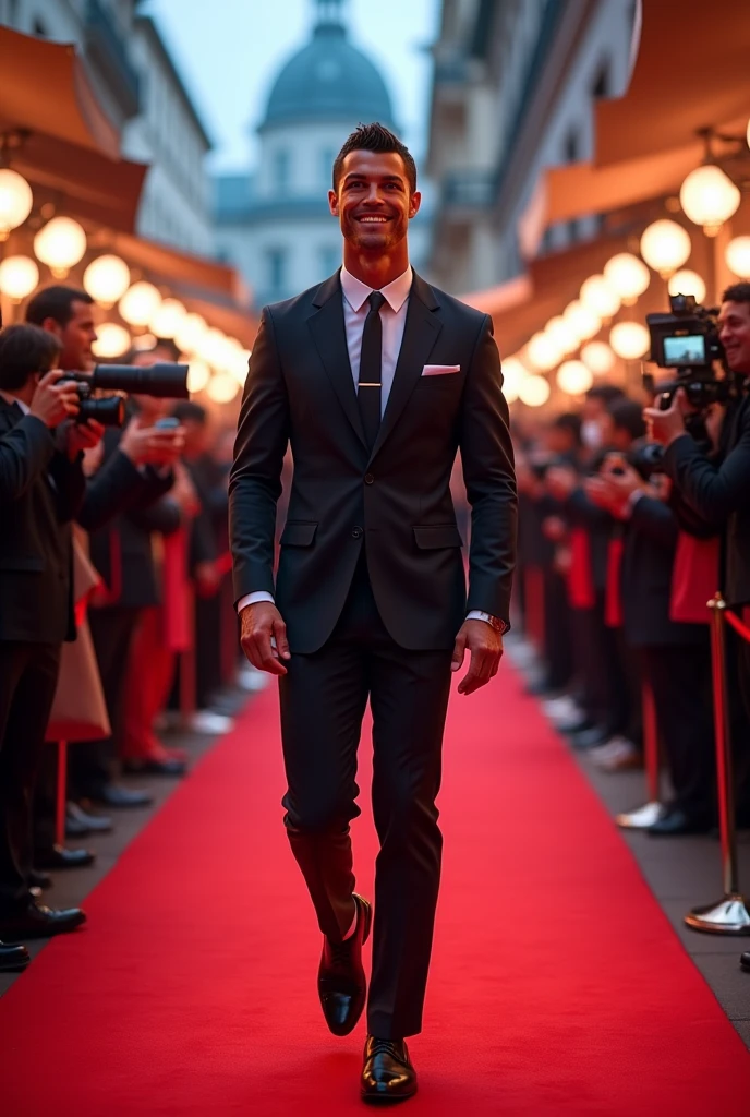 Cristiano Ronaldo;avec des vêtements de luxe; fait son entrée en France,à un événement pour le tirages de la ligue des champions,sur un tapis rouge,en sourient (imagine realistic ;hd)