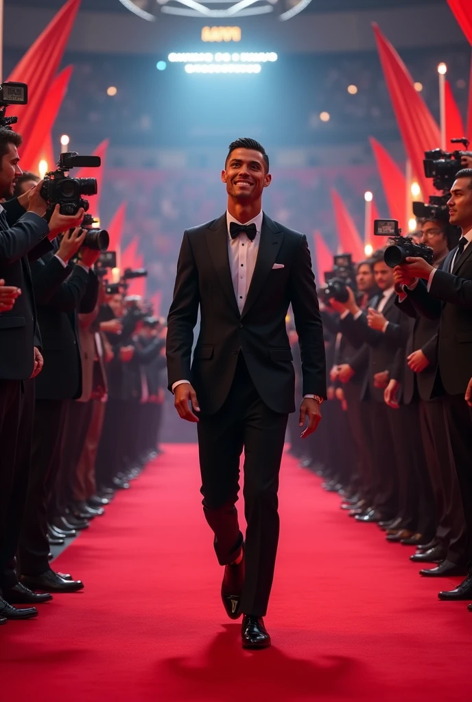 Cristiano Ronaldo;avec des vêtements de luxe; fait son entrée en France,à un événement pour le tirages de la ligue des champions,sur un tapis rouge,en sourient (imagine realistic ;hd)