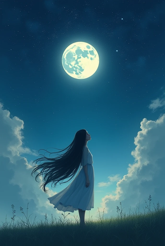 A young woman with long black hair looking away from the sky towards a sky full of stars and a large moon
