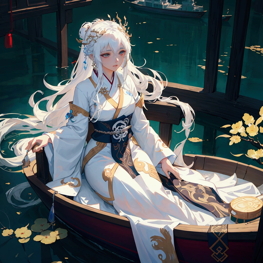 There is a lady in a white dress sitting on the boat, White-haired deity, Popular on cgstation, Fantasy art style, guweiz style artwork, Beautiful digital artwork, Beautiful fantasy queen, Chinese Fantasy, Beautiful character painting, palace ， Girl wearing Hanfu, 2. 5D CGI anime fantasy artwork, digital fantasy art )