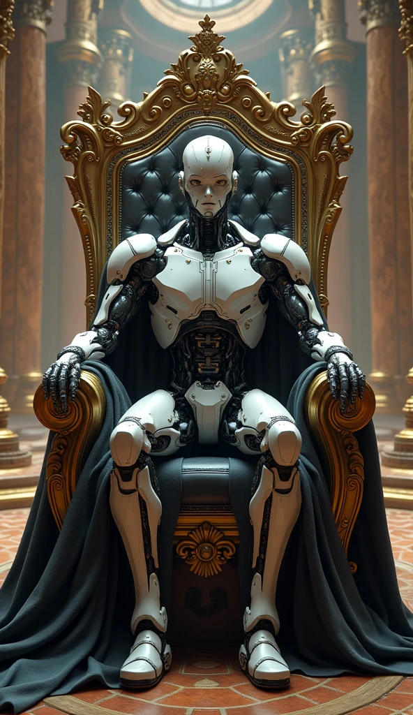  Male human robot poses sitting on throne