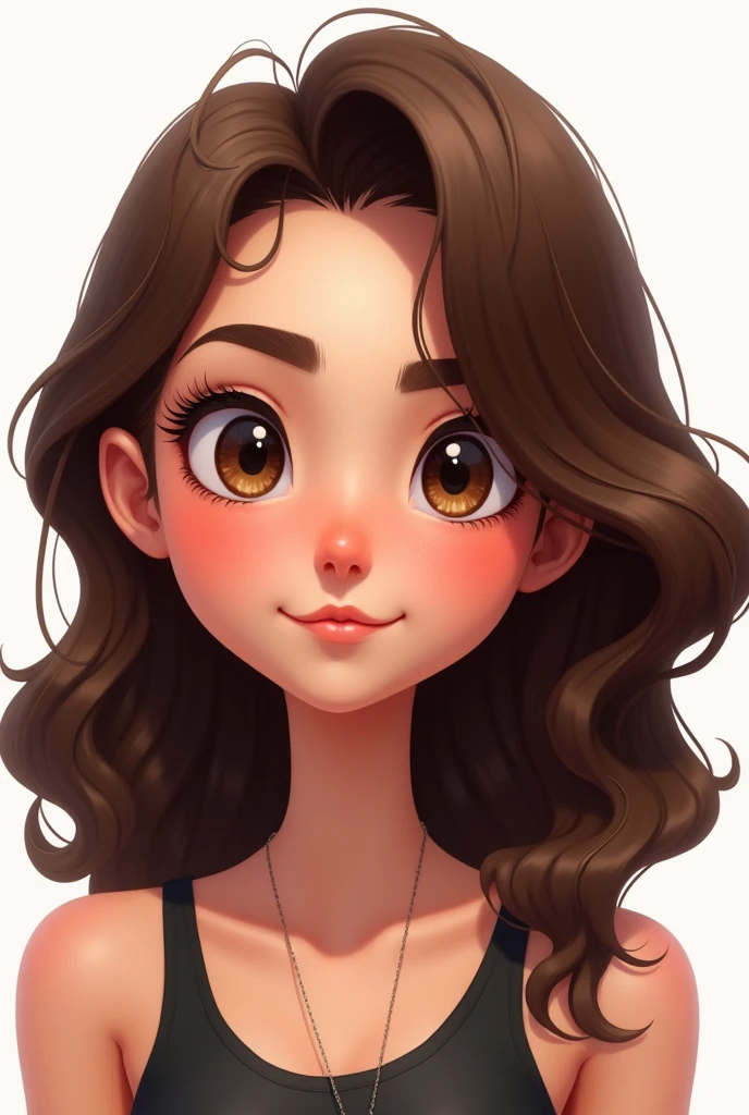 animated front woman with brown hair and big eyes with white background passport photo style without smiling