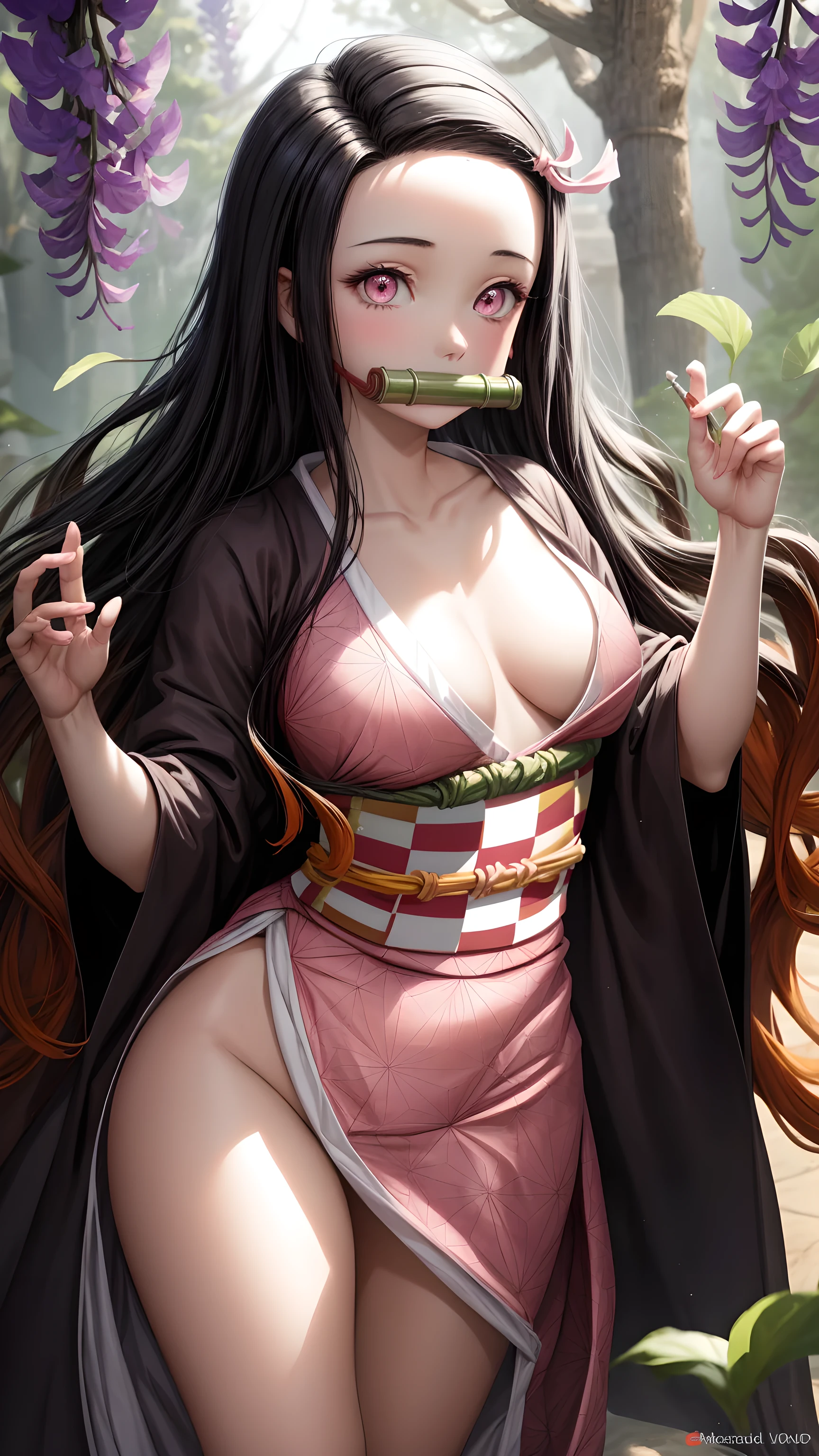 masterpiece, (pink kimono), seductive face, good lighting, décolleté, fine details, masterpiece, glowing eyes, 1girl, black hair, gag, bamboo, Nezuko Kamado, wisteria background, masterpiece, best quality, POV, whole body, wide hips,