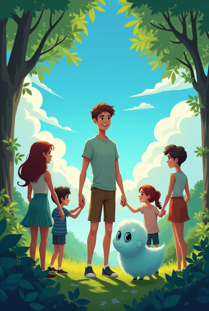 A young man standing, inside a circle formed with many people holding hands in a green forest with a beautiful sky. Next to the young man there is a fogsta. In cartoon
