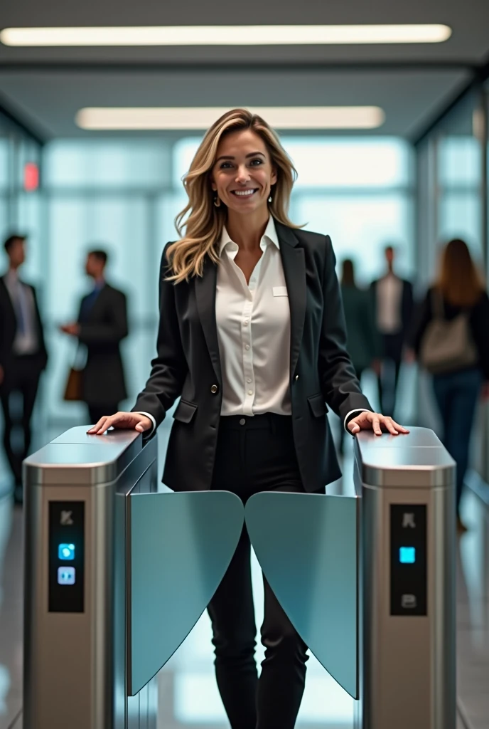 create two realistic images: the first of a woman, entrepreneur, smiling behind the digital turnstile that will be closed. The second image, With the same woman, after having passed through the turnstile which will be open.