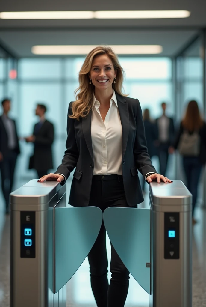 create two realistic images: the first of a woman, entrepreneur, smiling behind the digital turnstile that will be closed. The second image, With the same woman, after having passed through the turnstile which will be open.