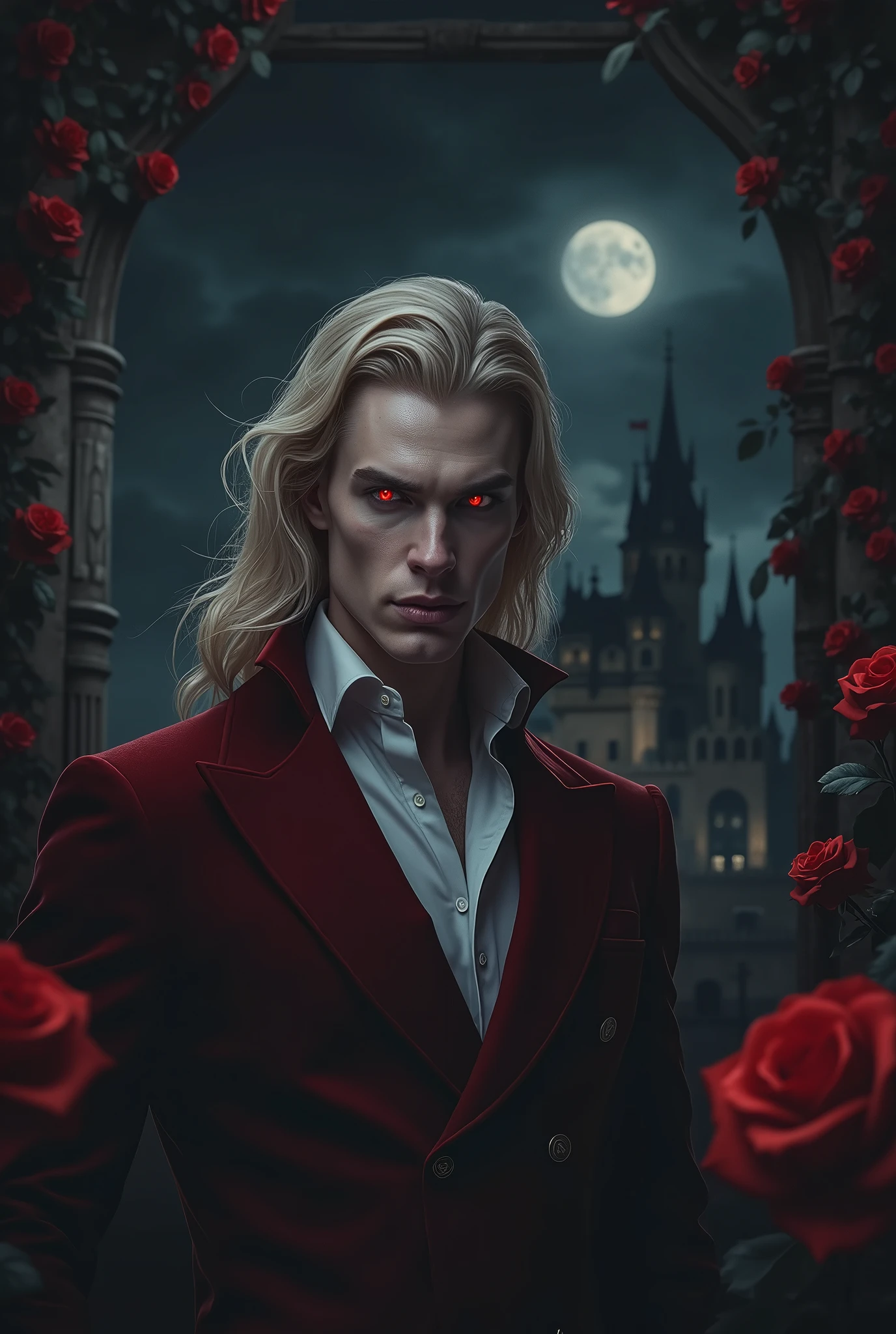 masterpiece, highest quality, (solo focus), (perfect face:1.1), (high detail:1.1), (hyper detailed eyes), dramatic, 1guy, (Pale skin), long blonde hair, (red irises), individual focus, Vampire, long hair, moon, night, Red luxury suit, pouty lips, castle, detailed background, art by artgerm, cinematic lighting, red roses, fashion