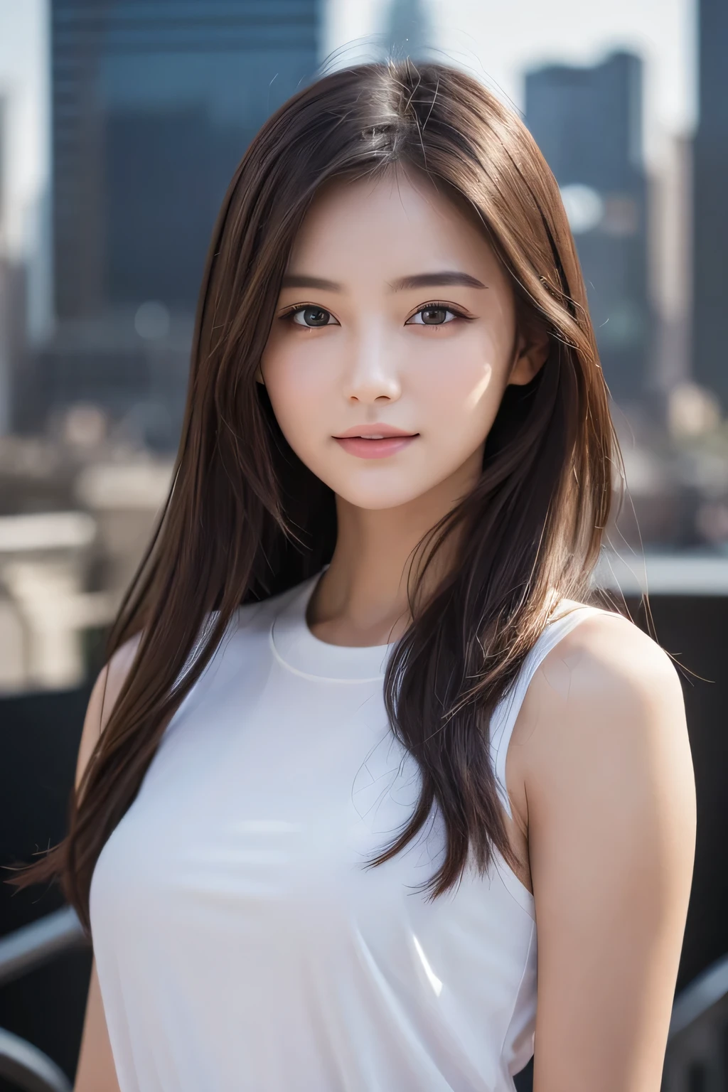 masterpiece, Highest quality, 8k, disorganized person, (Upper Body:1.4), White shirt, Beautiful girl, Beautiful face, Looking at the audience, smile, Ultra-realistic, High resolution, picture, The focus was clear, High resolution, Face Light, Dynamic Lighting, Cinema Lighting, Professional Shadow, Beautiful cityscape background, Best details, Very detailed, Super detailed, Finely detailed, Real Skin, Delicate facial features, Detailed face and eyes, Sharp pupils、Realistic students