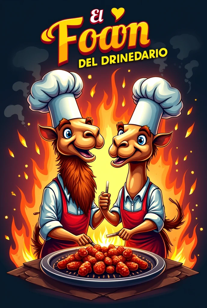 LOGO WITH EYE-CATCHING BACKGROUND OF A PAIR OF CAMELO CHEFS OF DIFFERENT GENDER PREPARING BBQ WINGS WITH THE NAME EL FOGÓN DEL DROMEDARRIO
