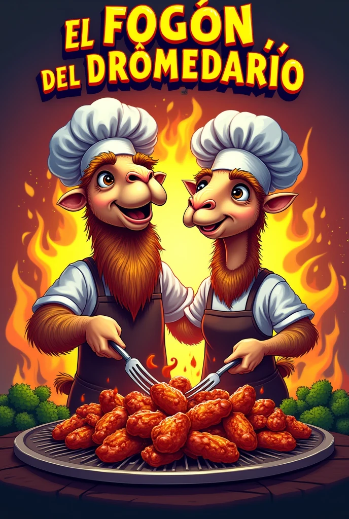 LOGO WITH EYE-CATCHING BACKGROUND OF A PAIR OF CAMELO CHEFS OF DIFFERENT GENDER PREPARING BBQ WINGS WITH THE NAME EL FOGÓN DEL DROMEDARRIO