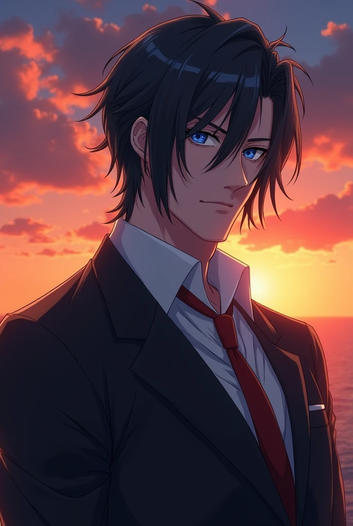 anime character, masculine, 1.87 height, dull crystal blue eye color, cold expression, wearing a suit and looking forward, very realistic, Medium long, slicked back dark honey colored hair, background behind him a beautiful sunset, Their features should be a little feminine but the masculine ones should stand out., that can be seen from the waist up and that is physically strong 