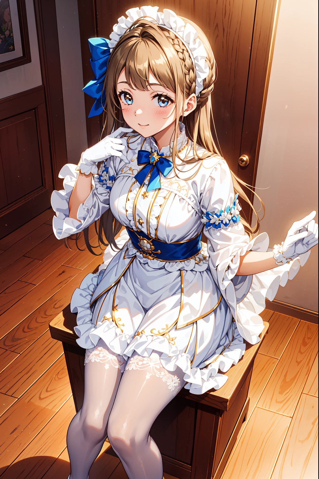 teens girl，seductiv，having fun，Being in love，(Girl wearing white modern shirt and tunic with pantyhose:1.2)，(White ruffled bow gloves)，whaite hair，Sacred headdress，Transparent lace，exquisite costumes，solo person，European style bedroom，(natta:1.1)，Delicate and beautiful face，