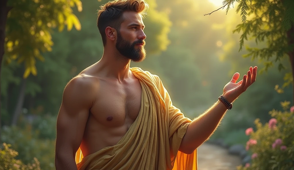 A male Stoic philosopher, around 2, with a well-proportioned and attractive physique, slightly tanned skin, and a short, well-trimmed beard, is depicted in a tranquil garden. He wears classic tunics in soft earthy tones—gray and olive green—with subtle gold or copper details, gently draping over his body, with one shoulder exposed. His expression is warm and seductive, as he extends an open hand in a gesture of forgiveness towards ther figure. The scene is bathed in soft, golden light, highlighting his gentle and wise demeanor. The background is serene, with lush greenery, reflecting the value of forgiveness when given wisely. The impressionist style captures the serene atmosphere and the subtle contrasts between light and shadow.