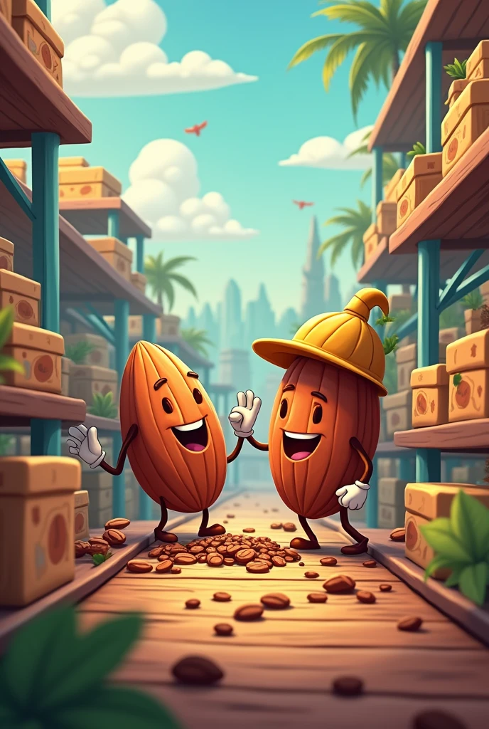 Make a cartoon image of cocoa being packaged for sale