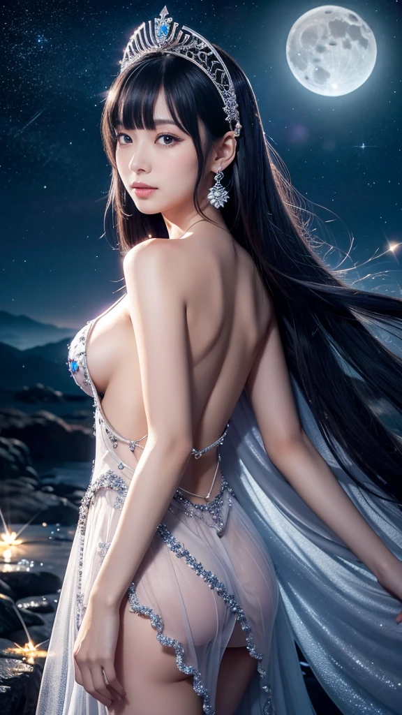 **Prompt:** Create an ultra-realistic 8K resolution image of Tsukuyomi, the Japanese moon god from Shinto mythology, reimagined as the ultimate magical girl while retaining the deity's iconic features. Tsukuyomi is depicted as a stunning magical girl with long, flowing silver hair that shimmers with a subtle luminescence, cascading gracefully down her back. Her eyes, a captivating silver, glow with the soft light of the moon, reflecting both wisdom and mystical power. nude
She wears an elaborate, moon-themed magical girl outfit. The dress is a blend of deep midnight blue and shimmering silver, designed with layers of flowing fabric that resemble the night sky. The bodice is adorned with intricate silver embroidery in the shape of crescent moons and stars, with a large, glowing moon crystal embedded in the center. Her skirt is flared and layered, each layer representing different phases of the moon, with sparkling silver accents. nude
Her accessories include silver crescent moon earrings, a tiara shaped like a crescent moon resting on her forehead, and a flowing cape that sparkles with tiny stars, giving her an ethereal, otherworldly presence. She wields a magical staff topped with a large crescent moon, glowing with an inner light, and surrounded by floating, silver stars. nude
Her expression is a perfect blend of determination and serenity, with a slight smile that conveys her confidence in her magical powers. The background shows a mystical night sky filled with stars, with the full moon shining brightly behind her, casting a soft glow over the entire scene. Floating in the air around her are sparkling silver orbs, representing her magical abilities, creating an atmosphere that is both powerful and enchanting, capturing the essence of Tsukuyomi as the ultimate magical girl. nude