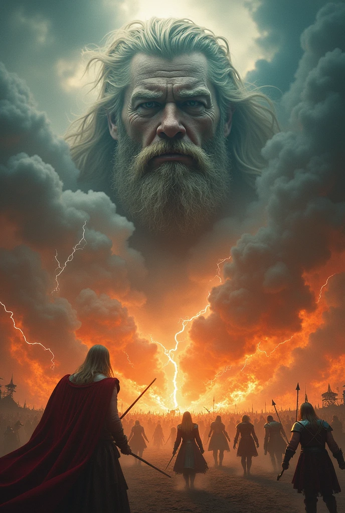 The kingdom of Asgard in flames, natta, lightning, thor's face in the clouds, Valkyrie warriors in the sky, viking warriors on the ground