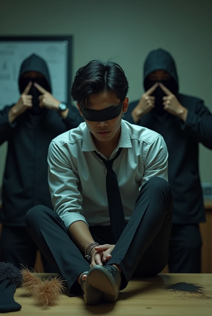 Malaysia handsome malay 20 years lawyer
He faint
Smelly feet
His hand handcuff in  abondon warehouse 
Blindfolded
handcuff
Formal Outfit 
Focus sweaty hot feet on desk
feather duster on desk
Dirty black long sock on desk
2  evil mafia pinch nose
1 mafia holding his shoes

