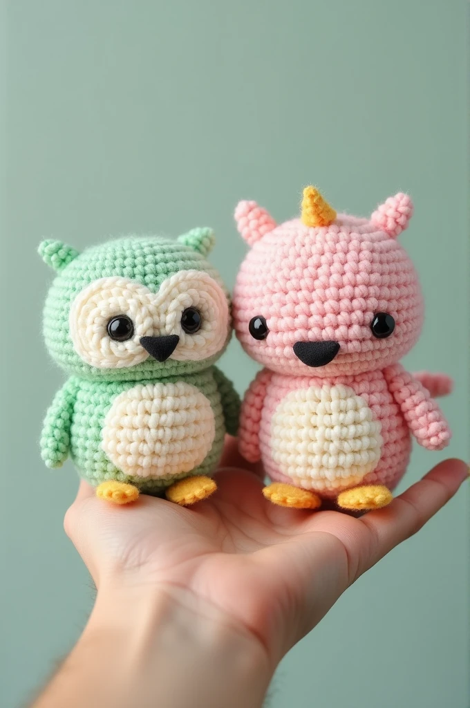 Produk desain,mini plushie, amigurumi , 2 owl , A chubby owl with pastel green color, and a chubby dragon with pastel pink color , brand's eyes are made of black amigurumi eyes, and the nose is black, kawaii design,Head size is larger than body, Product photo with plushie Standing on the wrist