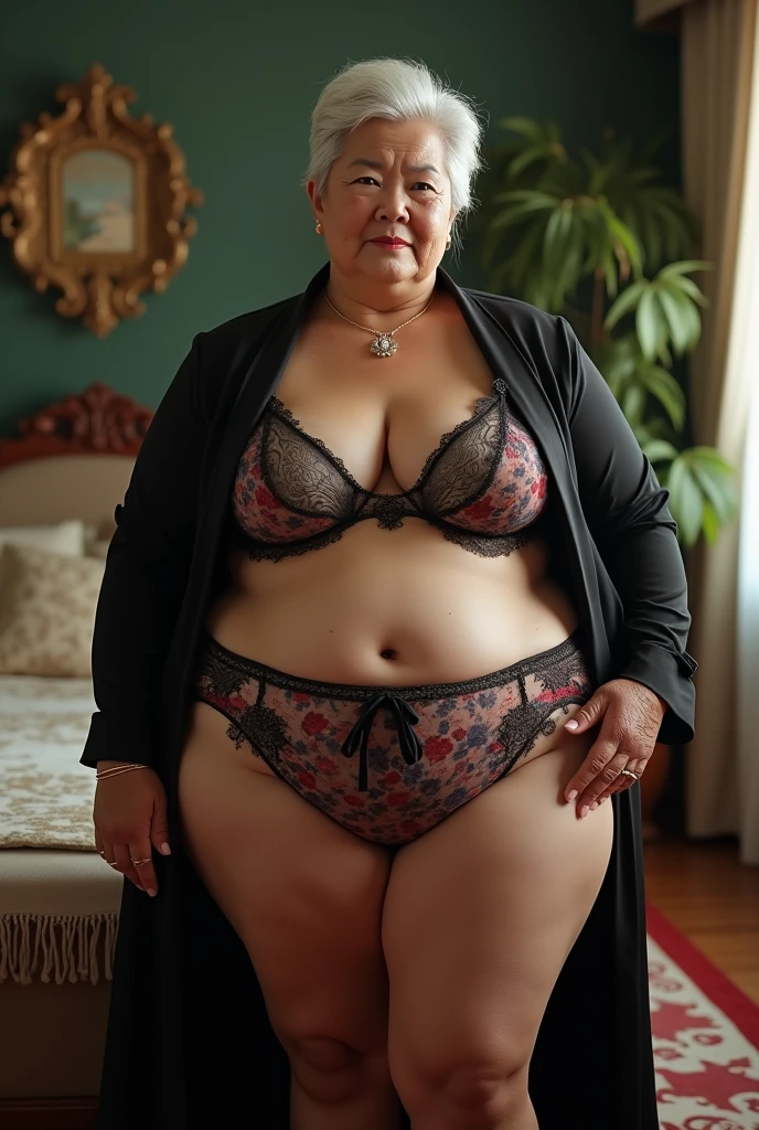 (best qualityer,4K,8k,high resolution,work of art:1.2),ultra detali,(realisitic,photorealisitic,photo-realisitic:1.37), majestic madam over 60 years old, femdom,dominant expression, plump figure, (Nancy Patricia D&#39;Alessandro Pelosi:1.1), Imposing stature, abundant curves, wrinkled face, gigantic hip, powerful thighs,shorth hair, intense aura, sublime dominance, big and fat buttocks, (black long chinese cheongsam:1.2), lingerie in various colors, in the bedroom, in garden, Clear lingerie, wearing panties, bra, facing the front, from the back showing the ass