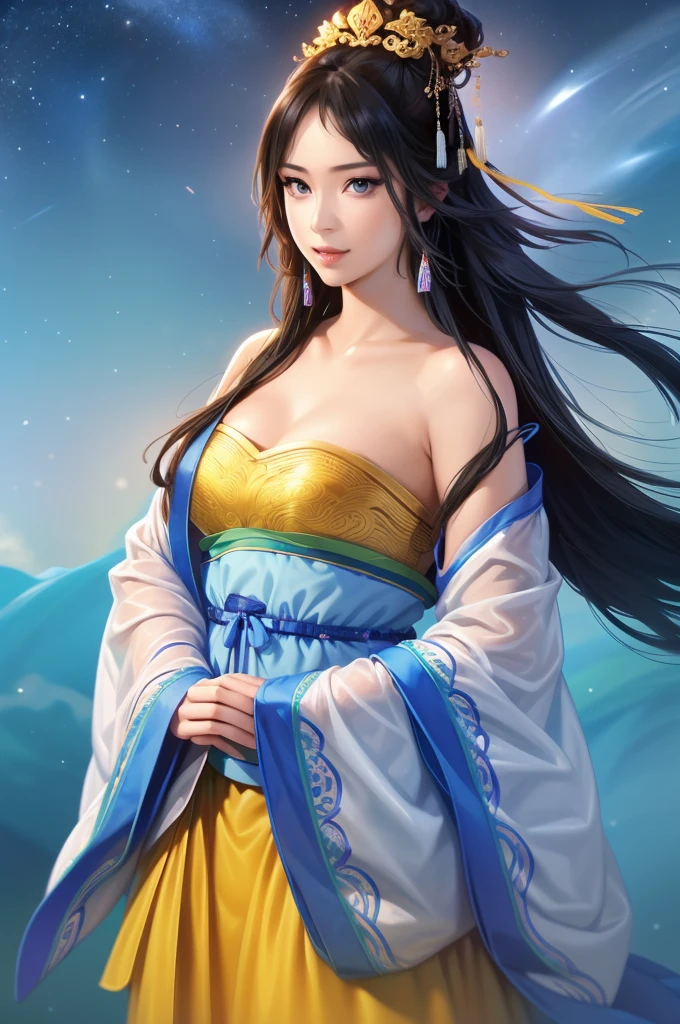 Starry sky landscape、shooting star、Outdoor、 Han Dynasty Landscape、Three Kingdoms、(Highest quality,4K,8k,High resolution,masterpiece:1.2)、Very detailed, High resolution,、Hyper HD、Studio Lighting、Ultra-fine painting、 Sharp focus、 Physically Based Rendering、 Very detailed説明、 Professional、 Vibrant colors、Traditional Chinese Painting Techniques、 Atmospheric lighting、 Vivid color contrast、 Ethereal atmosphere、Very detailed目と顔、 Beautiful attention to detail、 Light on the face、Hanfuを着た少女、(Hanfu: 1.1)、、Eyes are green、(((1 girl)))、Sexy pose