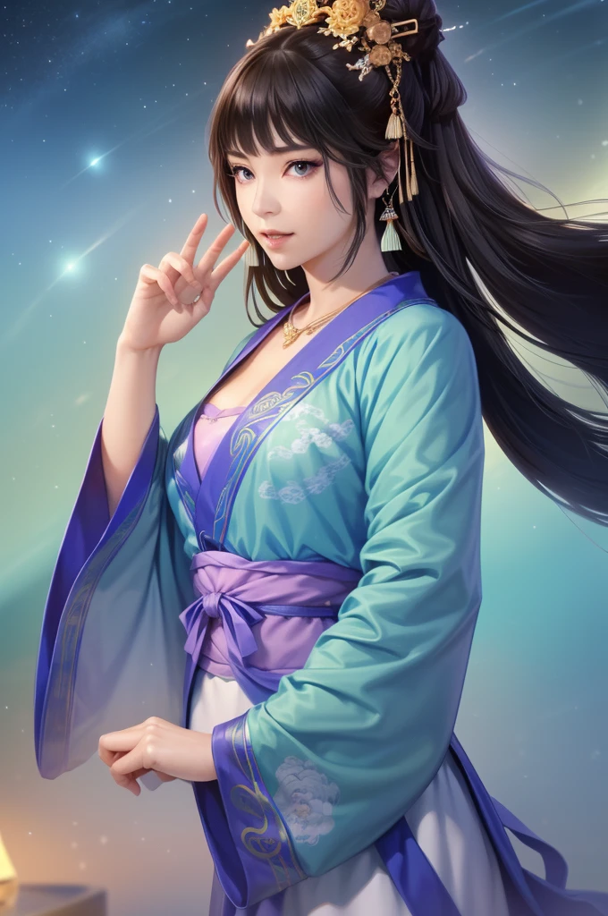 Starry sky landscape、shooting star、Outdoor、 Han Dynasty Landscape、Three Kingdoms、(Highest quality,4K,8k,High resolution,masterpiece:1.2)、Very detailed, High resolution,、Hyper HD、Studio Lighting、Ultra-fine painting、 Sharp focus、 Physically Based Rendering、 Very detailed説明、 Professional、 Vibrant colors、Traditional Chinese Painting Techniques、 Atmospheric lighting、 Vivid color contrast、 Ethereal atmosphere、Very detailed目と顔、 Beautiful attention to detail、 Light on the face、Hanfuを着た少女、(Hanfu: 1.1)、、Eyes are green、(((1 girl)))、Sexy pose