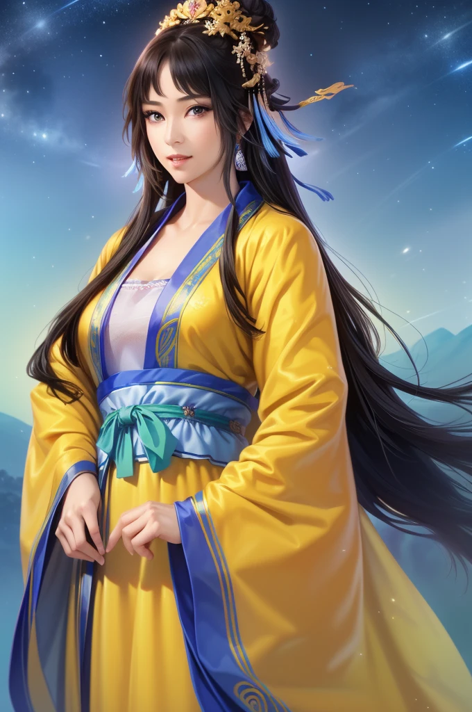 Starry sky landscape、shooting star、Outdoor、 Han Dynasty Landscape、Three Kingdoms、(Highest quality,4K,8k,High resolution,masterpiece:1.2)、Very detailed, High resolution,、Hyper HD、Studio Lighting、Ultra-fine painting、 Sharp focus、 Physically Based Rendering、 Very detailed説明、 Professional、 Vibrant colors、Traditional Chinese Painting Techniques、 Atmospheric lighting、 Vivid color contrast、 Ethereal atmosphere、Very detailed目と顔、 Beautiful attention to detail、 Light on the face、Hanfuを着た少女、(Hanfu: 1.1)、、Eyes are green、(((1 girl)))、Sexy pose