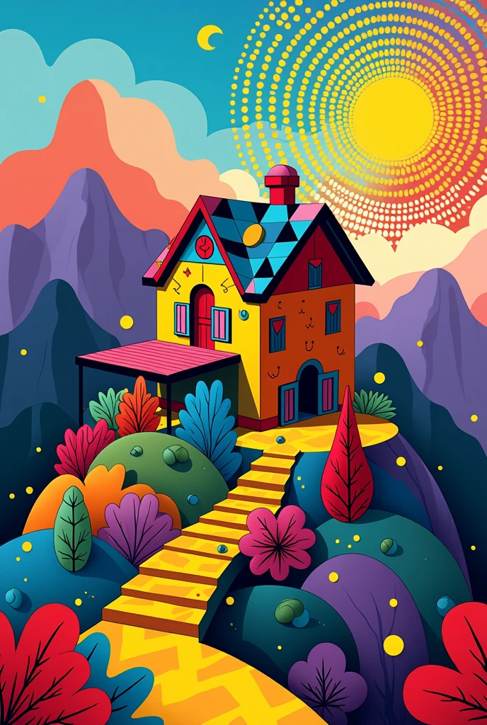 Create an image of the type of works of Romero Britto square with a house on the mountain 
